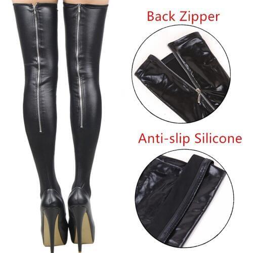 Black Leather Stockings Erotic Back Zipper Women Thigh High Long Stockings Sexy Lady Clubwear Length Over Knee High Stockings