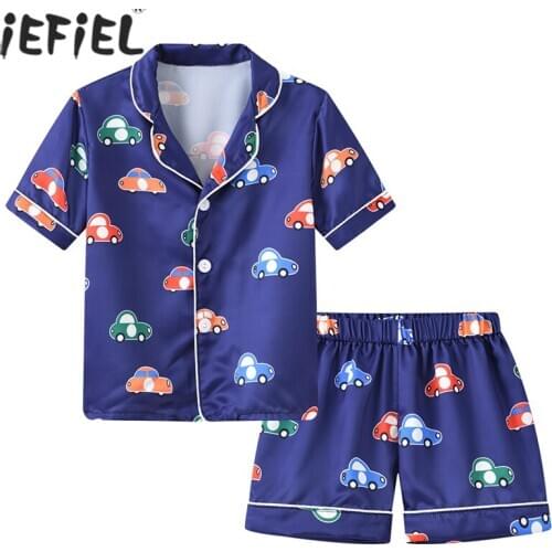 Childrens Pajamas Sets Summer Boys Girls Sleepwear Suit Kids Short Sleeve Cartoon Dinosaur Printed Tops+Shorts Nightwear Pajama