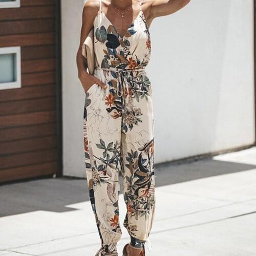 Overalls women Sexy Women Leaf Flower Print Backless Deep V Spaghetti Strap Jumpsuits Romper