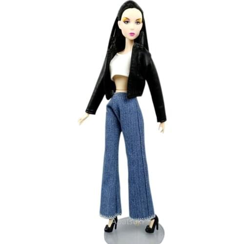Set Black Leather Coat Outfits For Barbie Doll Clothes Fashion Jacket Wide Leg Denim Jeans Pants Crop Top For Barbie Accessories