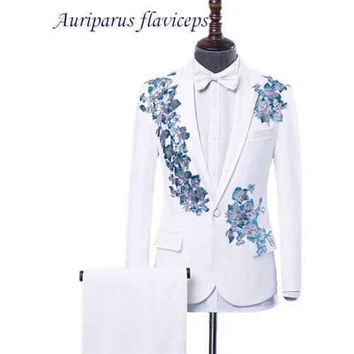 Auriparus flaviceps Floral Print Host Suit White Costumes Groom Tuxedos Groomsman Suit Performance Man Suits 2Pcs Stage Costumes
