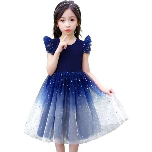 Girl Summer Dress 2021 Lace 3 4 6 8 10 12 14 Years Girls Vestidos Blue Red Short Sleeve Starry Sky Pattern Kid Summer Clothes