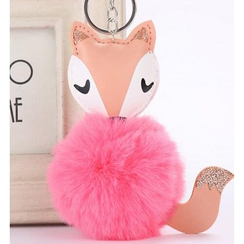 2018 Cute Pink Fluffy Pompom Shining Fox Keychain Women Faux Rabbit Fur Ball Pompon Key Chain Car Bag Pom Pom Key Holder Gift