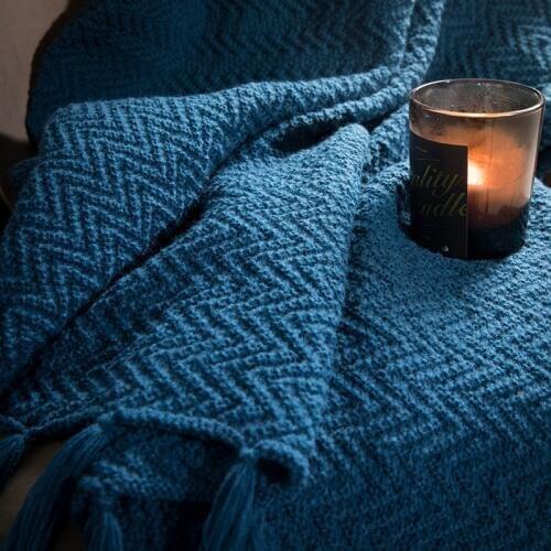 Fashion Woman Casual Soft Blanket Office Nap Rest Throw Knitted Tassel Decor Dark Blue Bed Sofa Covers Bedside Decor Blankets