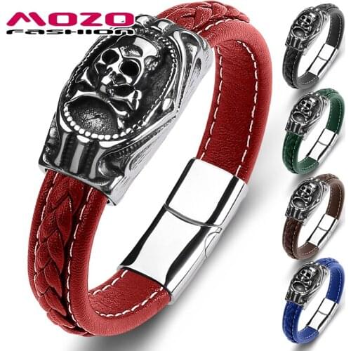 MOZO FASHION 2021 New Men Bracelet Genuine Leather Stainless Steel Skull High Quality Trendy Punk Cuff Jewelry Hot sale Gift 145