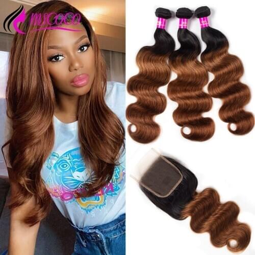 Mscoco Ombre Bundles with Closure 1B 30 Brazilian Body Wave Human Hair Remy 3 Bundles with Lace Closure