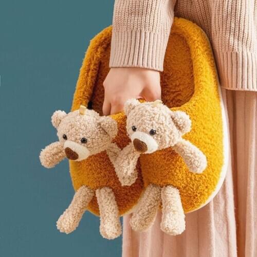 2020 Winter New Cute Bear-doll 3D Designer Women Fur Slippers Warm Plush Bedroom Ladies Flat Shoes House Couples Furry Slippers