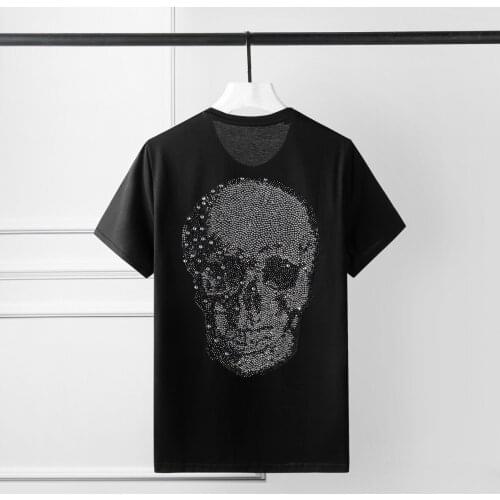 New 100% Cotton Mens Shirts Luxury Crystal Diamond Short Sleeve Round Collar Men Shirts Fashion Casual Black Shirts Man