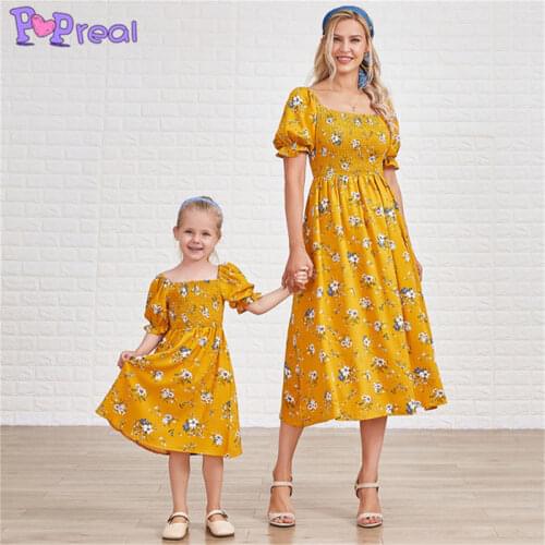 PopReal Summer Lacing Square Collar Girl Family Dress Mom And Daughter Skirt Pleated Mother Kids Short Sleeve Dress