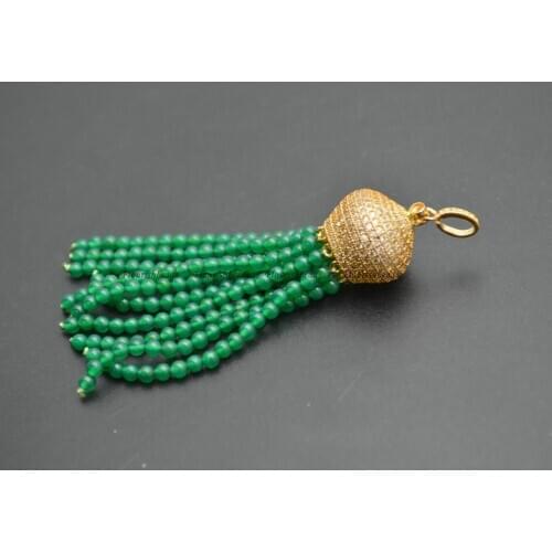 Paved CZ Metal Crown Bead Cap Natural Green Onyx Agate Stone Round Beads Tassel Pendants