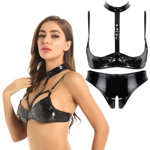 Womens Sexy Patent Leather Nightwear Erotic Latex Slutty Lingerie Set Open Cup Shelf Bra+Crotchless Briefs Club Stripper Clothes