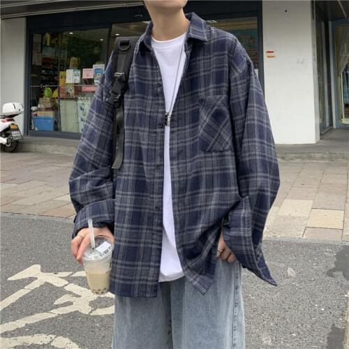 Spring Autumn Cotton Plaid Shirt Mens Fashion Retro Casual Shirt Men Streetwear Korean Loose Long Sleeve Shirts Mens M-2XL