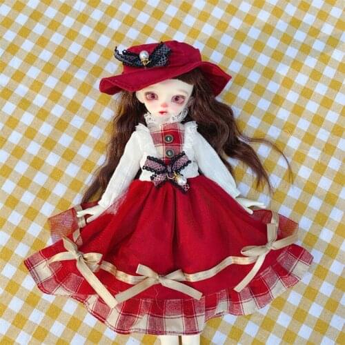 BJD doll dress is suitable for 1/6 fashion and all-match Western style big lace dress double design + red bow hat two-piece set
