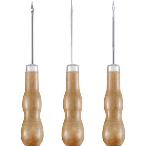 3Pcs Wooden Handle Sewing Awl DIY Carft Stitch Needle Cone Die Stencils Canvas Shoes Repair Punch Awl Leather Craft Awl Tool