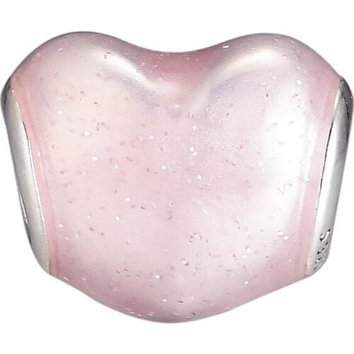 Fit Pandora Bracelets 925 Original Sterling Silver Glittering Heart Soft Pink Enamel Charm Beads for Jewelry Making Berloques