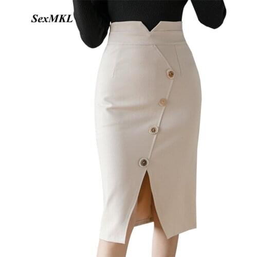 Plus Size Button High Waist Skirts 2020 Fashion Knee Length Bodycon Pnecil Skirt Women Korean Clothes Elegant Sexy Office Skirt