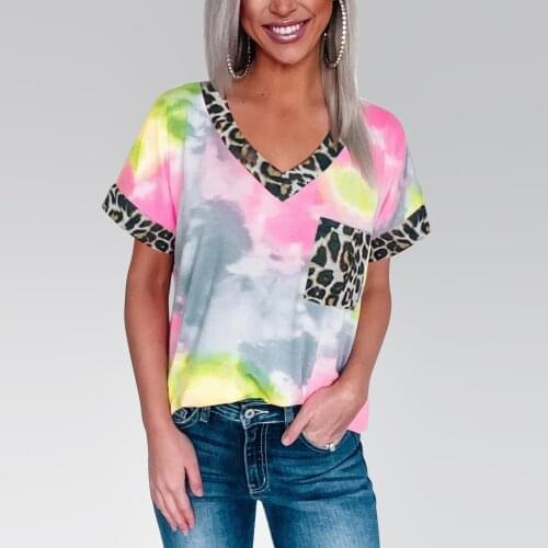 Women Casual Tie-Dye T Shirt Summer Leopard Patchwork V Neck Short Sleeve Tops T-Shirts Female Camisetas Verano Mujer Drop Ship