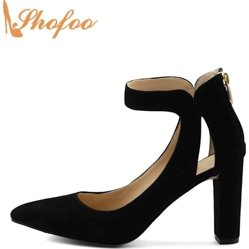Black Pumps High Chunky Heels Women Pointed Toe Ankle Strap Back Zipper Large Size 14 16 For Ladies Fashion Mature Shoes Shofoo