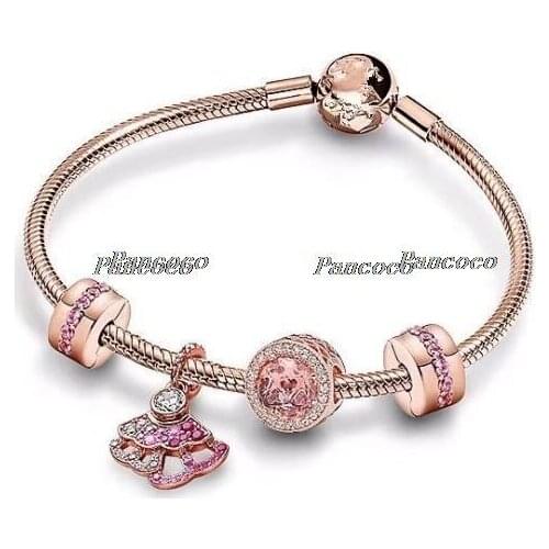 925 Sterling Silver Rose Pink Fan With Colorful Crystal Pendant Beaded Bracelet For Women Wedding Gift Pandora Jewelry