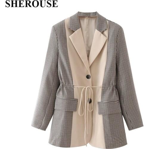 SHEROUSE Women Fashion With Pockets Single Breasted Patchwork Blazer Long Sleeve Notched Neck Vintage Female Coats Chic Tops