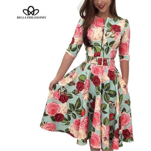 Bella Philosophy 2019 Spring Floral Print A-Line Half Sleeve Women Dress Knee-Length O-Neck Sashes Casual Lady Dress