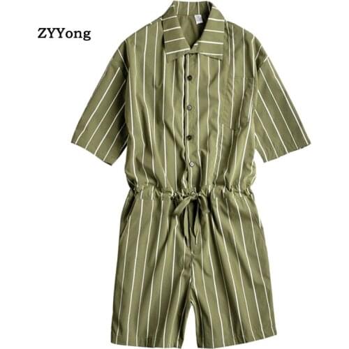 ZYYong Summer Men Jumpsuit Lapel Fashion Casual Comfortable Hip Hop Streetwear Stripe Cargo Pants Beach Black Short Overalls