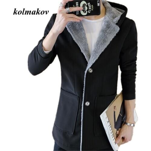 2020 New Arrivel Winter Style Fashion Slim Plus Velvet Hooded Windbreaker Solid Thick Woolen Coat Jacket Large Size M-5XL