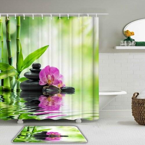 3D Bamboo Zen Stone Green Plants Shower Curtains Set Waterproof Bathroom Curtain with Hooks Anti-slip Bath Mat Rugs Toilet Decor