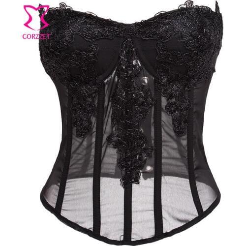 Black Chiffon Floral Appliques Sexy Korsett For Women Gothic Corset push up Lingerie Burlesque Transparent Bustier Tops Corselet