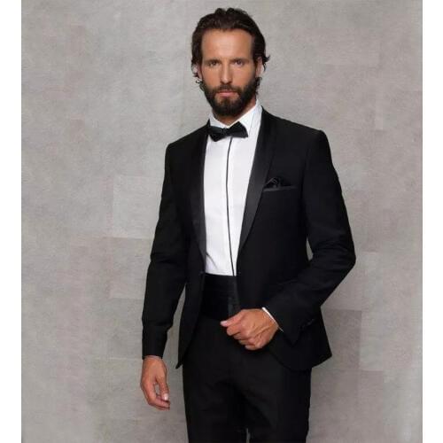 Black Wedding Men Suits Groom Wear Shawl Lapel Tuxedos 2 Pieces (Jacket+Pants) Slim Fit Bridegroom Prom Costume Homme Blazer