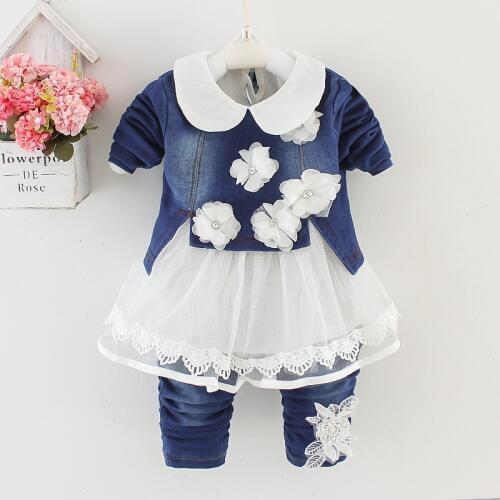 Spring Autumn Infant Toddler Baby Girl Denim Clothing Sets 3 pcs Long Sleeve T Shirt Tops Denim Jacket and Jeans Trousers