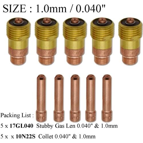 10pcs TIG Stubby Gas Lens 1.0mm 1.6mm 2.4mm 3.2mm & Collets Accessories Kit For Tig WP-17/18/26 Tig Welding Torch