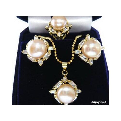Hot sale Genuine Pink Pearl Crystal Yellow golden Pendant Necklace Ring Earrings Set