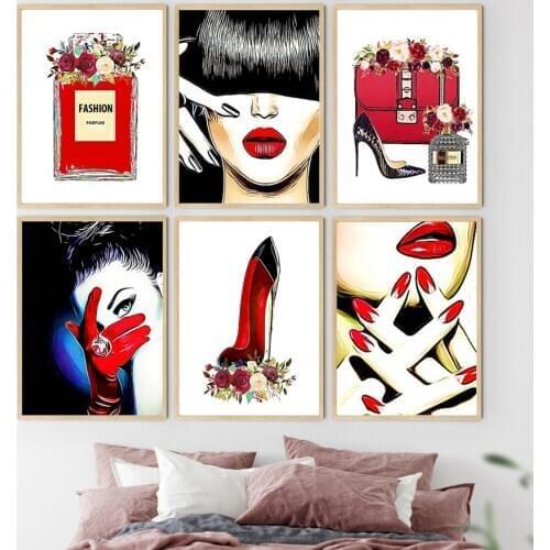 Red Flower Perfume Paris Fashion Girl Handbag Wall Art Canvas Painting Nordic Posters And Prints Wall Pictures For Living Room