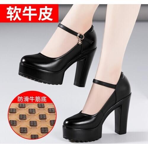 High heel cheongsam model womens thick heel thick sole waterproof platform anti slip round head leather large size single shoes