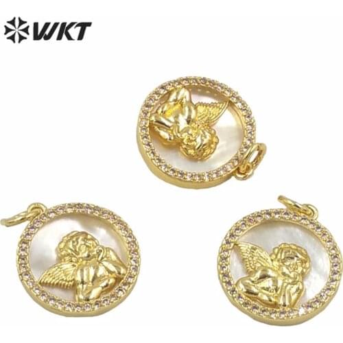 MP161 Charming lady religious pendant angel baby jewelry pendant with gold electroplated round shape coin white shell pendant