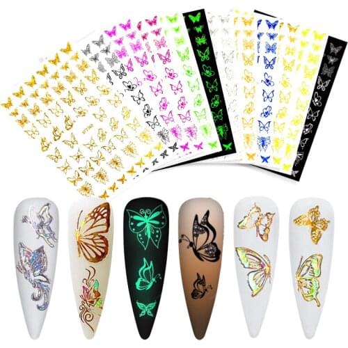 Butterfly Nail Art Stickers Hot Gold And Silver Laser Aurora Butterfly Stickers Diy Decals Come With Adhesive Decoration Accesso