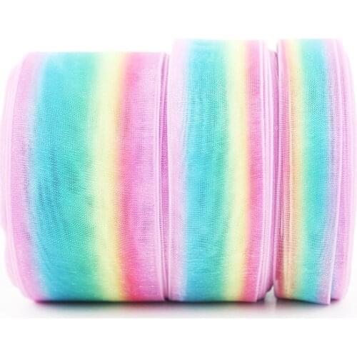 New 16mm 25mm 38mm Rainbow Printed Stripe Organza Ribbon 25 yards Sewing Silk Ribbons DIY Gift Wrap Bows Webbing