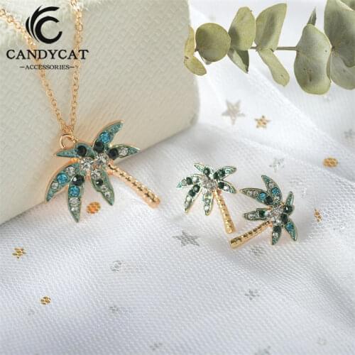 2PCS Coconut Tree Jewelry Set for Women Bohemian Micro-leaf Gold Color Necklace Earrings Tropical Style Trendy Womens Jewelry