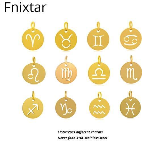 Fnixtar 12mm Gold Color Zodiac Pendant Stainless Steel Jewelry Never Fade 12 Signs Zodiac Metal Charms DIY Mini Charm 12pcs/lot