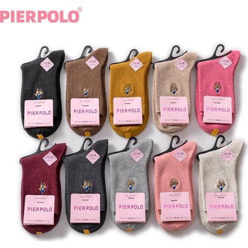 PIER POLO Women Socks Fashion Casual Solid Color 97% Cotton Long Socks For Women Meias Ladies Embroidery Autumn Winter Socks