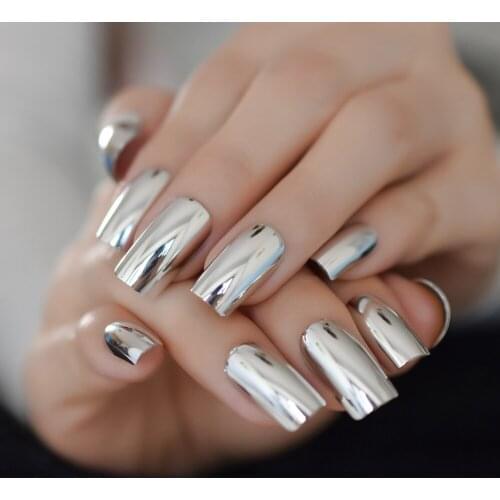 Medium Long Metallic Fake Finger Nails Full Cover Mirror DIY False Nails Tips Silver Flat Shining Daily Gel Nail 24PCS