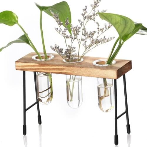 Glass Vase, Plant Terrarium with Wooden Stand Rack Glass Test Tube Vintage Wood Frame