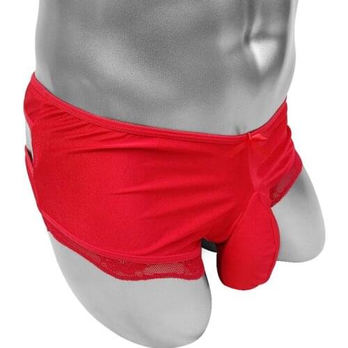 Shiny Satin Mens Bulge Pouch Boxer Erotic Sissy Lace Panties Underwear Sexy Lingerie Open Butt Male Bikini Underpants