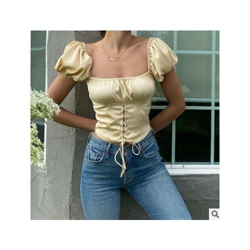 2021 Spring and Summer New Womens Square Neck Folds With Solid Color T-shirt Tops Womens Clothing