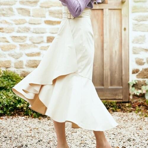 Sweet Lady Office Mermaid High Waist Button Belt Solid Mid Calf Irregular Skirts 2021 New Spring Summer Women Faldas