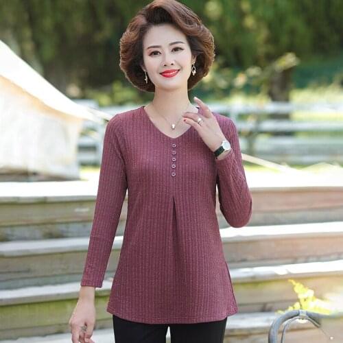 Spring And Autumn WomenS Long Sleeve T-Shirt Plus Size Clothes Knitted Tee Tops Middle-Aged Mother Bottom Shirt Pullover