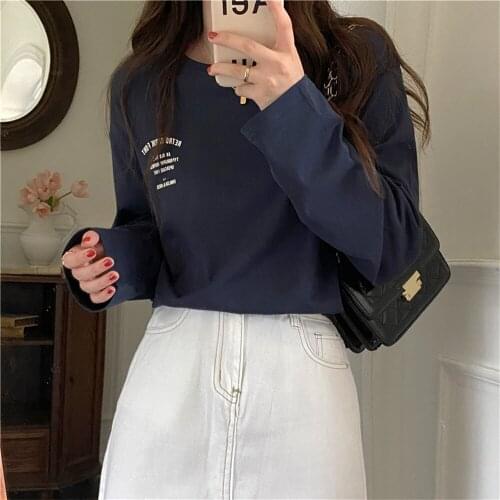 Alien Kitty Blue Office Lady T-Shirts Students Letter Printed 2021 Autumn Pullovers Full Sleeves Chic New Cotton Women Tops