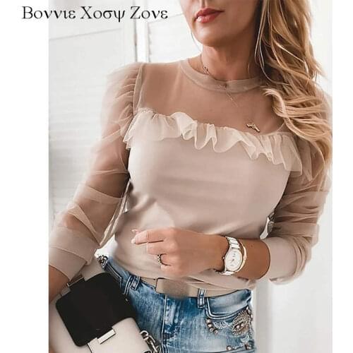 Women Round Neck Sheer Mesh Ruffles Long Sleeve Tops Blouse Chic Basics Patchwork Plain Shirts
