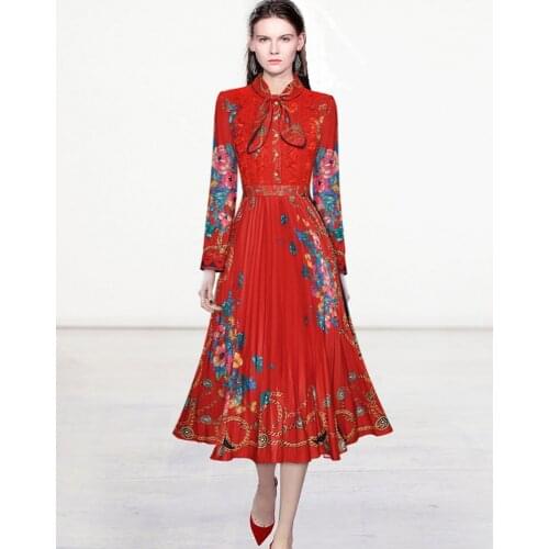 2021 Fashion Designer Single Breasted Women Pleated Dress Bow Collar Long Sleeve Flower Print Lace Elegant Midi dress
